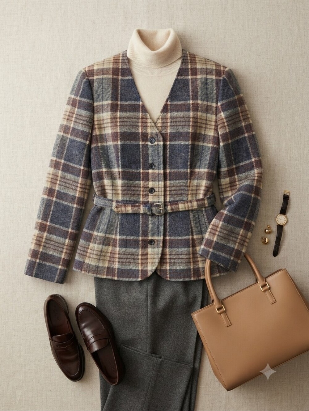 Vintage Country Suburbans Wool Red Blue Tan Plaid Print Belted Blazer Jacket